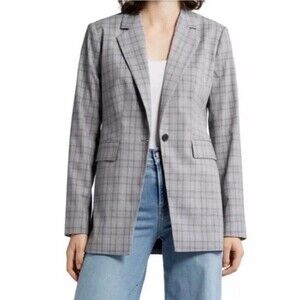 Nordstrom British Plaid Blazer Jacket Grey Lined Women Large  MSRP $179
